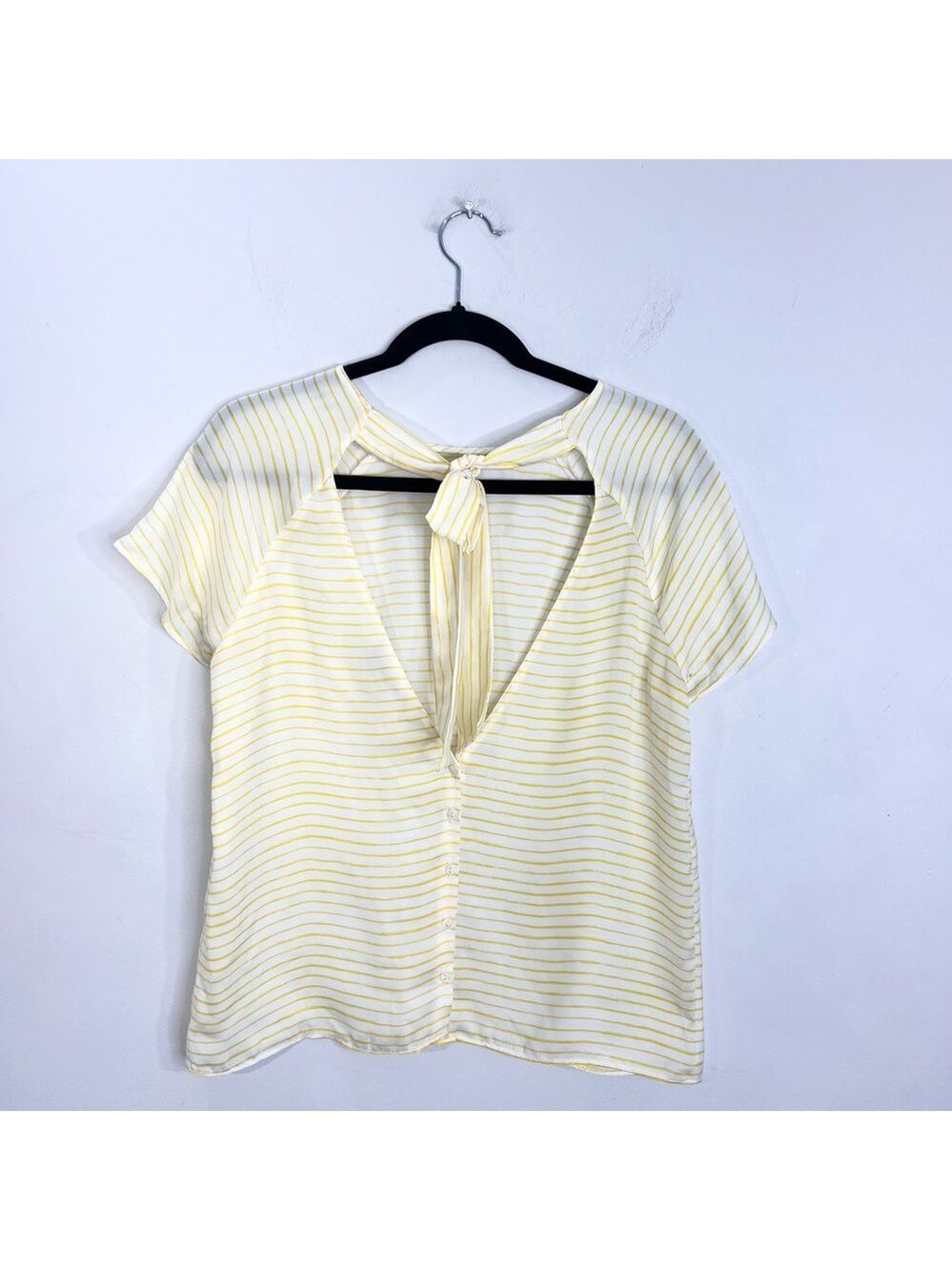 Zara Trafaluc white yellow stripe low open tie back short sleeve boxy top M - Picture 5 of 12